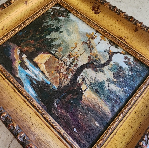 Beautiful vintage original painting landscape bridge over stream creek water - Picture 8 of 8